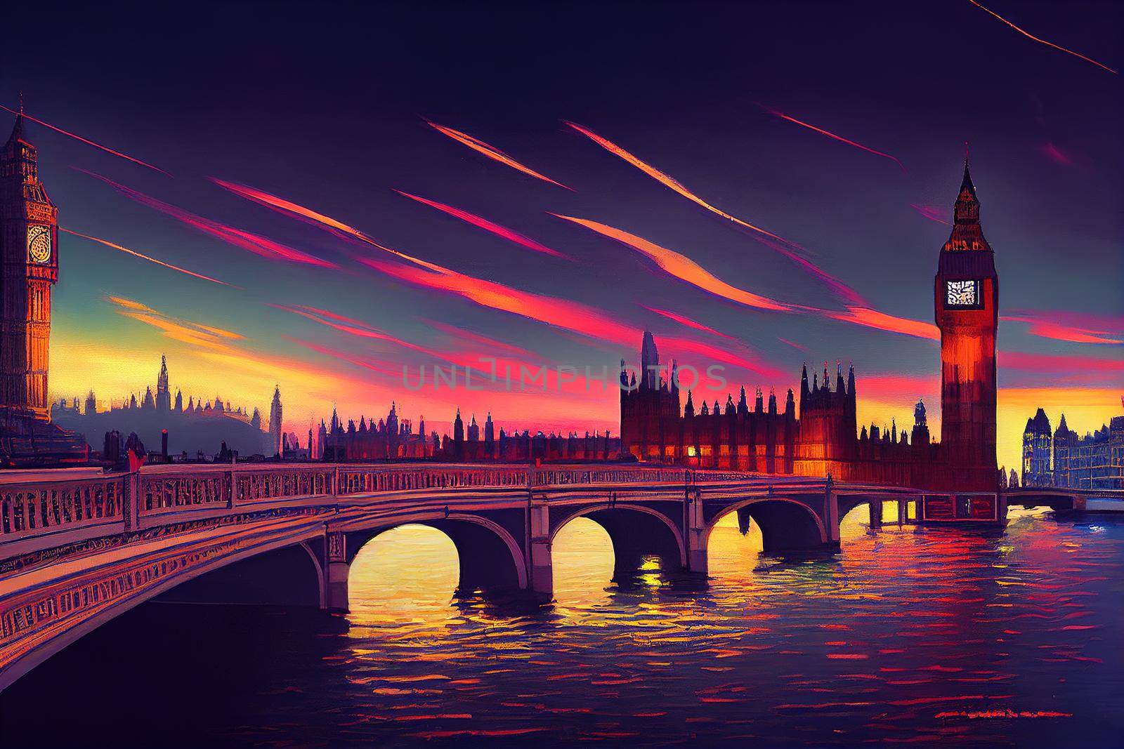 2d paint, Big Ben and westminster bridge at dusk in London , Anime style U1 1 by 2ragon