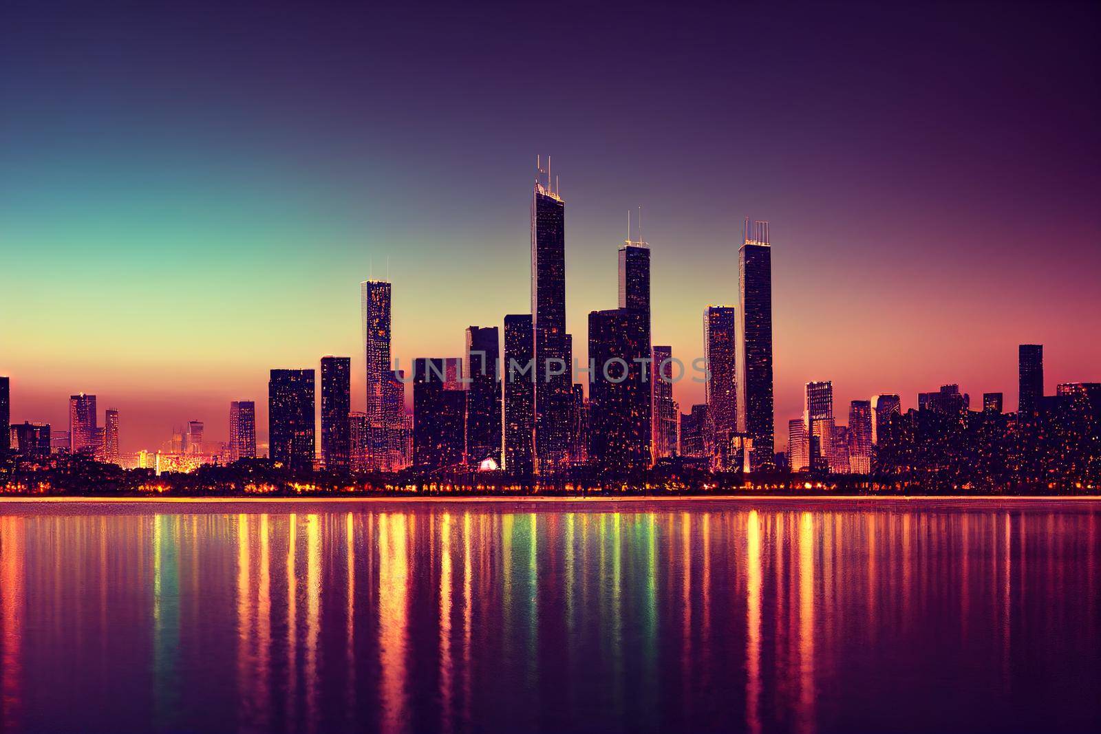 City view downtown skyscrapers Chicago skyline panorama Lake Michigan, harbor area daytime Illinois USA Forex graph hologram The concept of internet trading brokerage and fundamental analy.