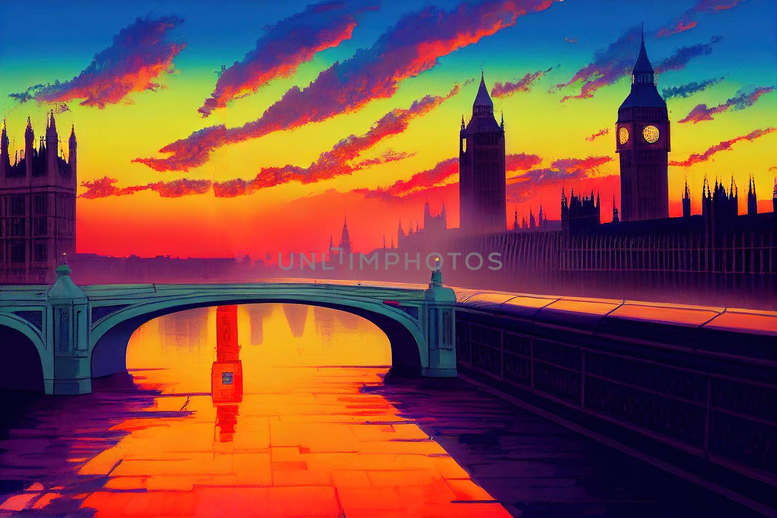 anime style, Beautiful colors of Big Ben from Westminster Bridge at Sunset London , Anime style U1 1 by 2ragon