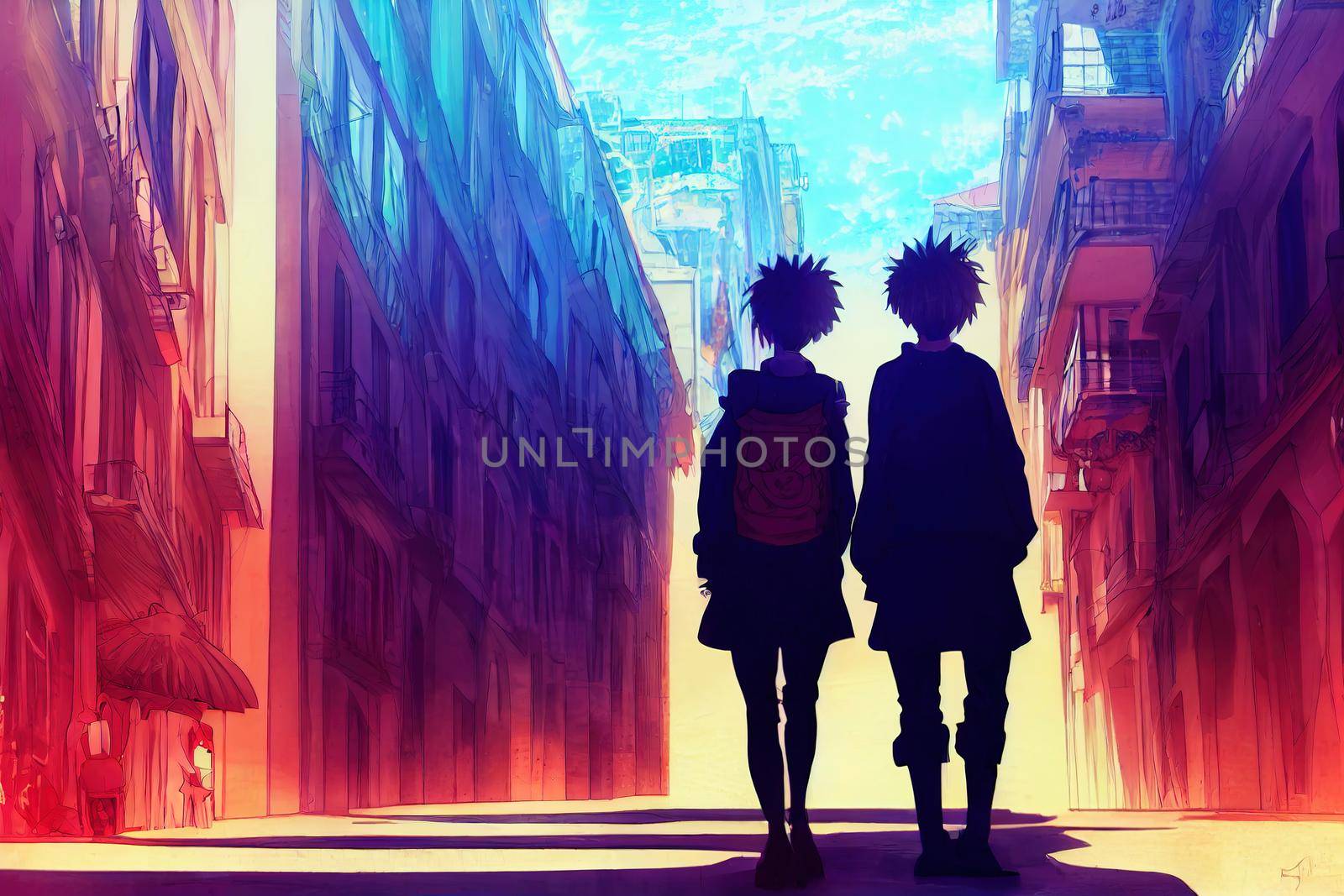 Anime characters in Lisbon Portugal City environment, 2d illustration.