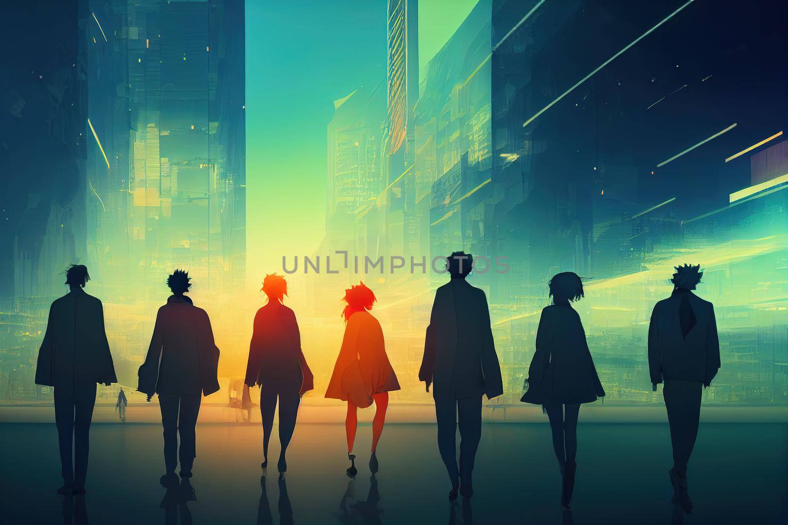 anime style, Silhouettes of walking people Multiple exposure blurred image Business concept illustration , Anime style U1 1 by 2ragon