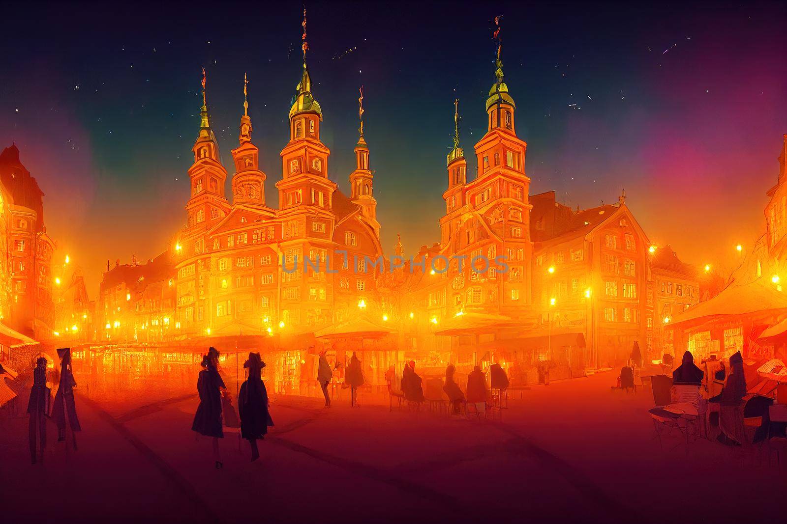 anime style, Scenic summer night panorama of the Old Town Gamla Stan architecture in Stockholm Sweden. 2d illustration