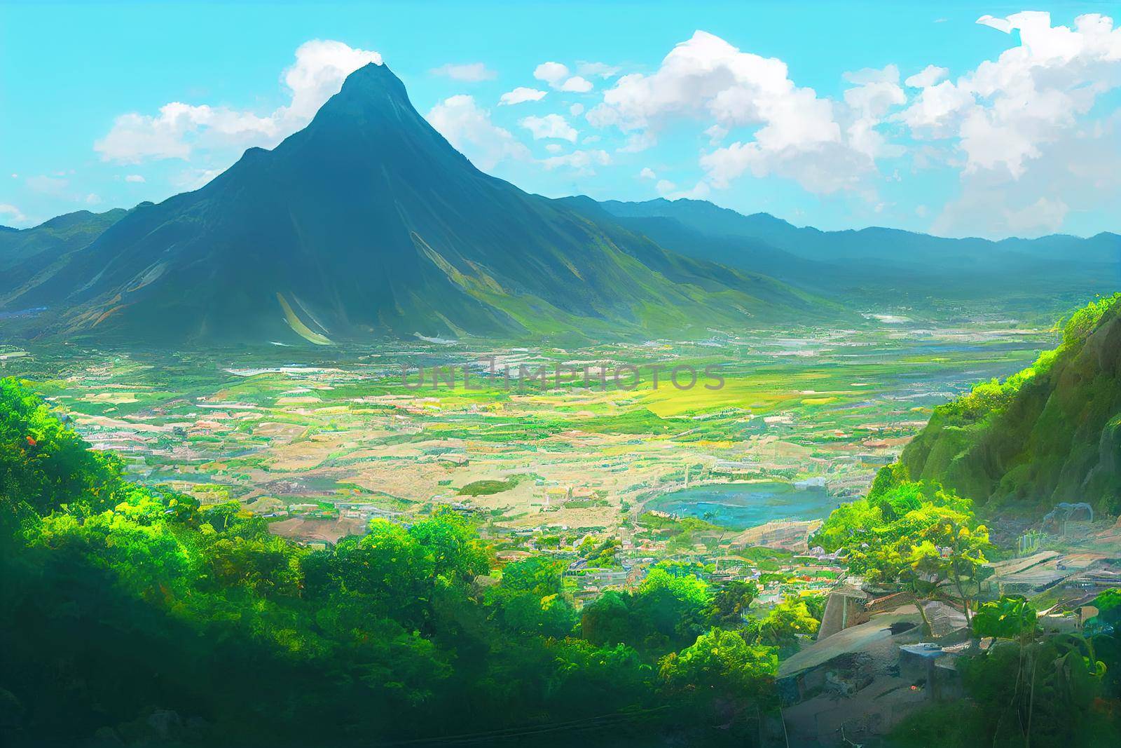 anime style, Roseau Dominica Coastline and city built on alluvial fan with steep mountains Morne Roseau is the capital and largest city of Commonwealth of Dominica Caribbean Island country , 2d illustration
