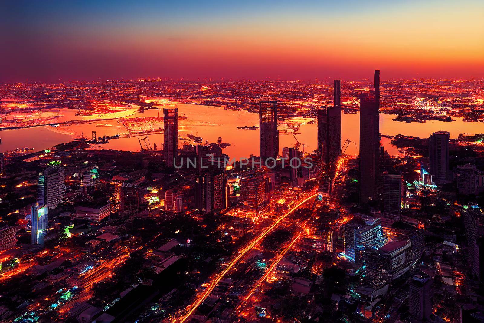 anime Bangkok Cityscape Business district with high building at dusk Bangkok Thailand. 2d illustration