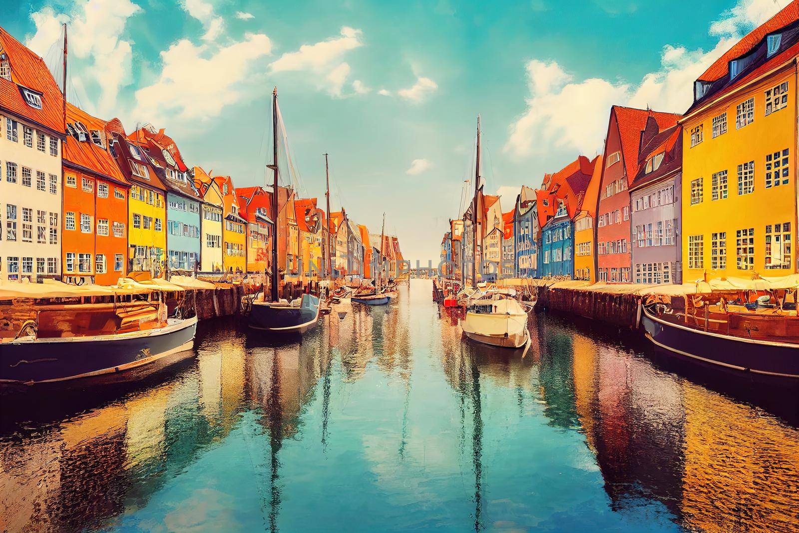 Scenic summer view of color buildings of Nyhavn in Copehnagen Denmark , style U1 1