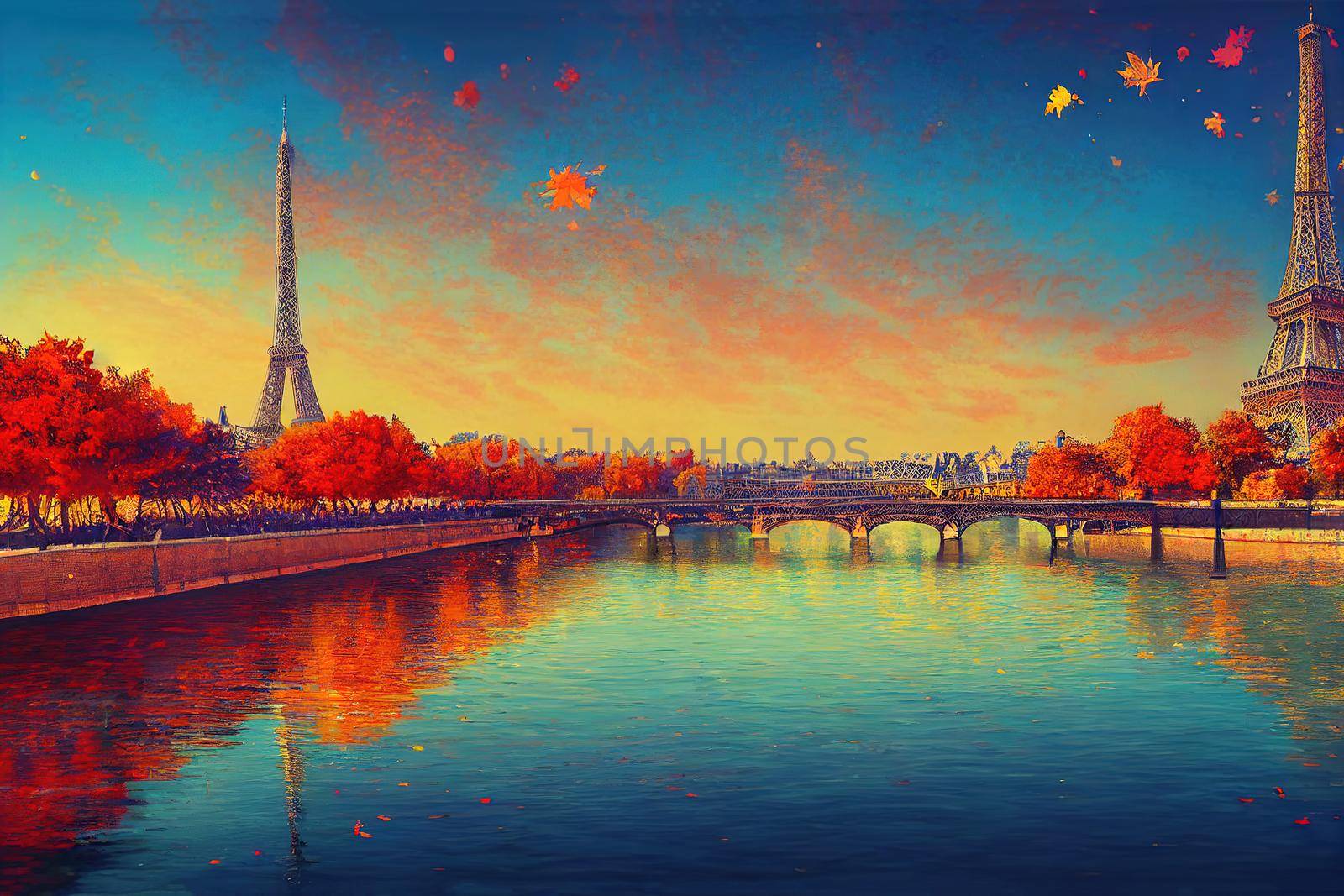 Seine in Paris with Eiffel tower in autumn time , style U1 1