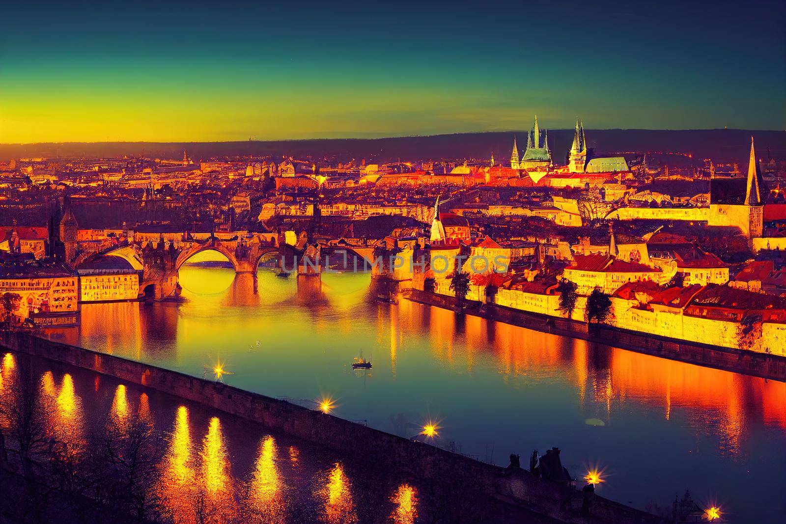 Prague cityscape at night Prague old town Charles bridge and Vltava river Czech Republic View of famouse Prague old bridges over the Vltava river at twilight Czech capital city , st U1 1