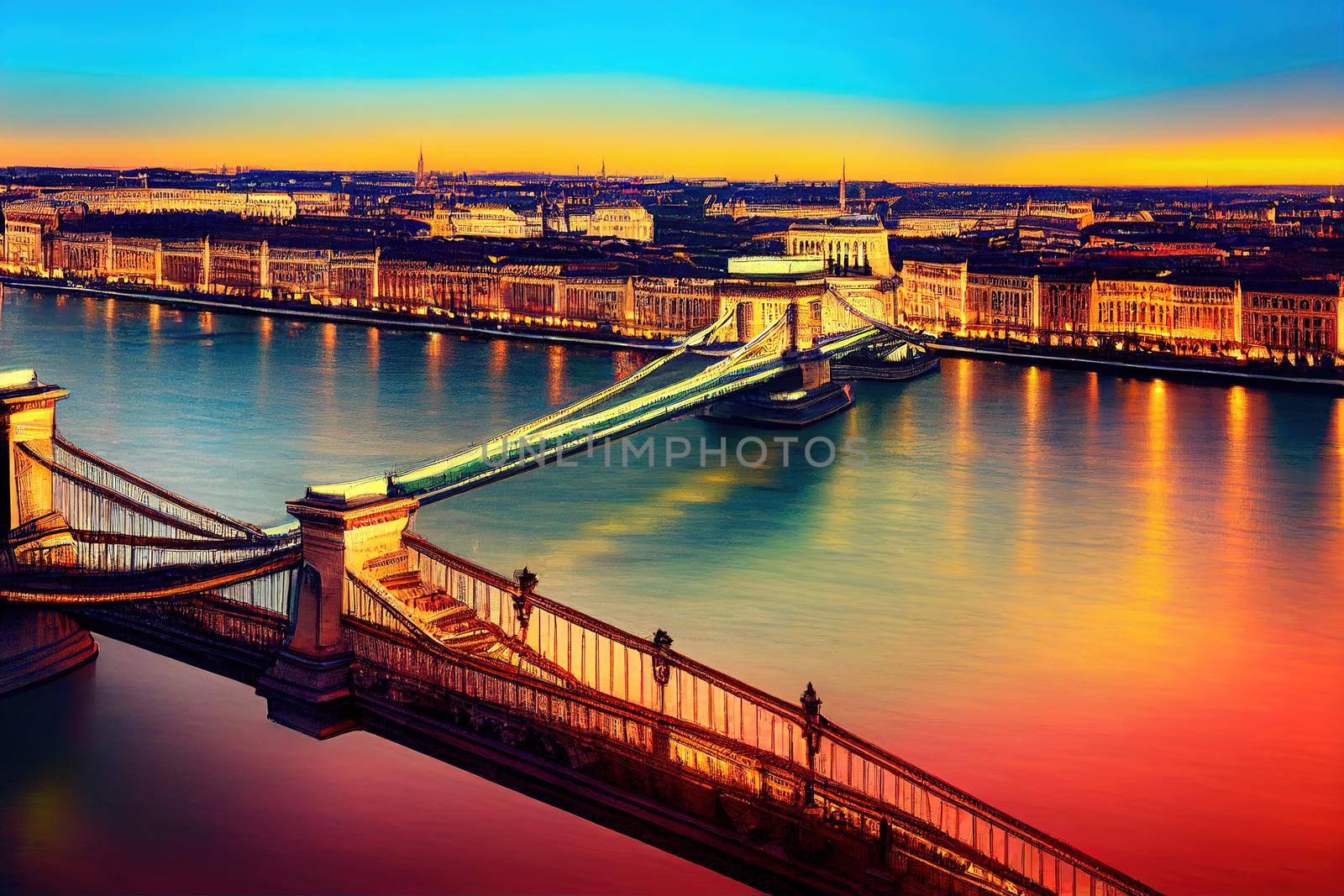 Panorama of Budapest Hungary with the Chain Bridge and the Parliament , style U1 1
