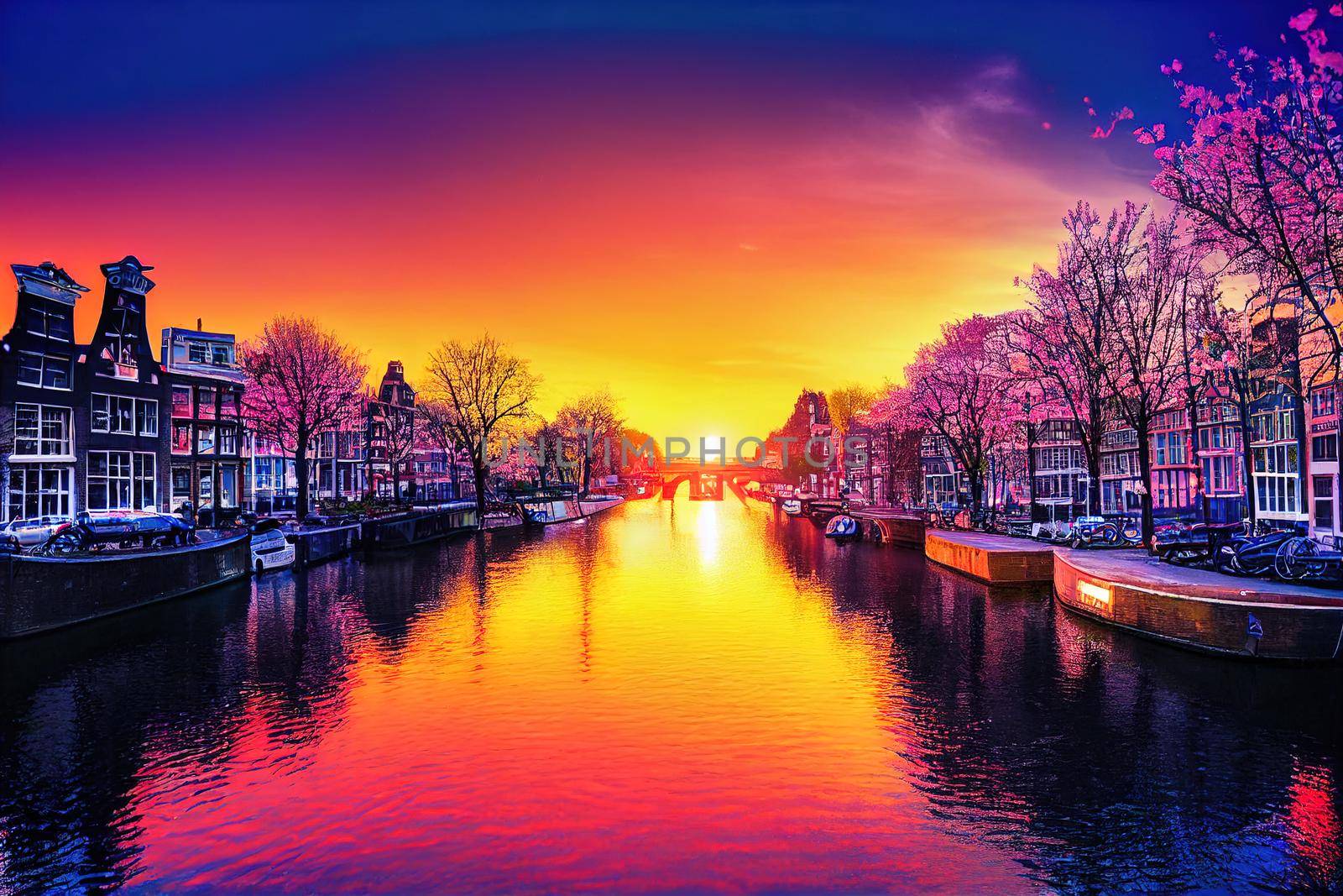 Beautiful sunrise over Amsterdam The Netherlands with flowers and bicycles on the bridge in spring , style U1 1
