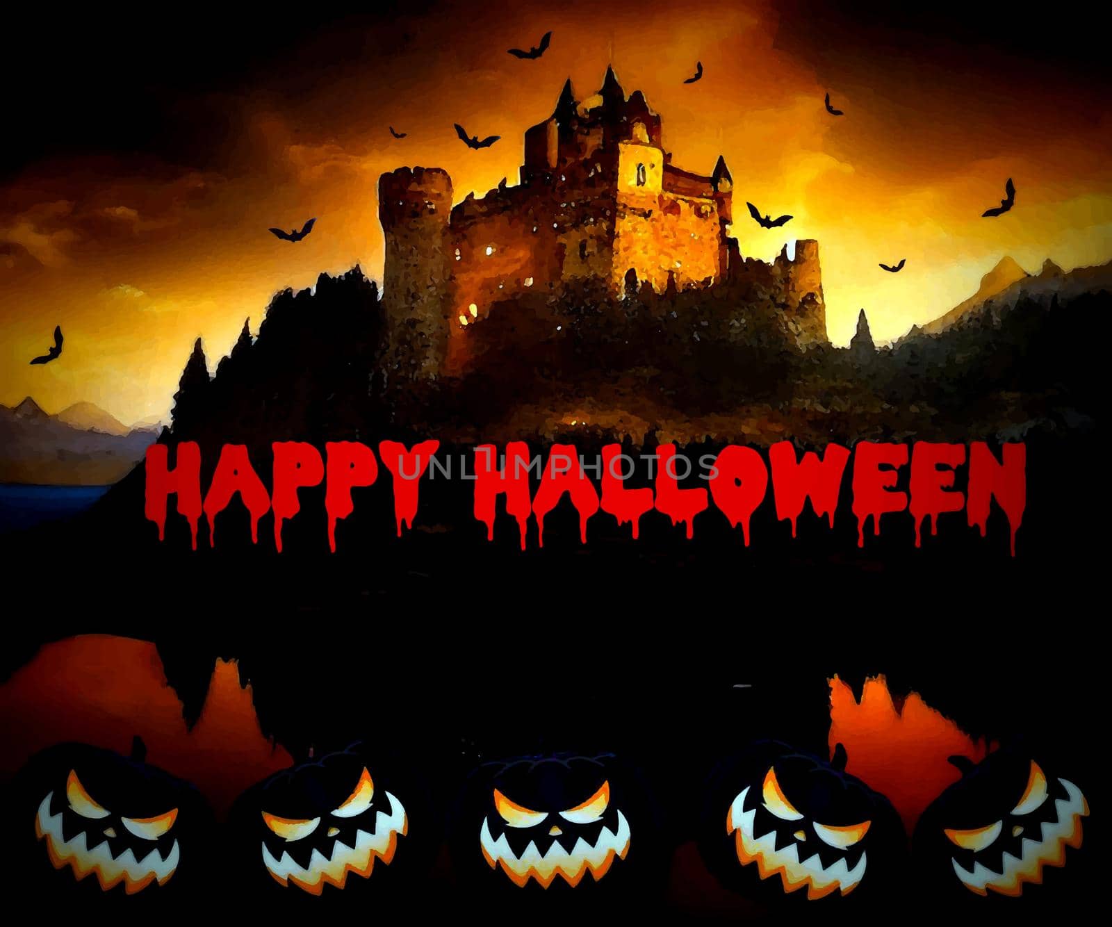 Spooky and scary Halloween images and vector pumpkins background, illustration for multimedia content or halloween card.
