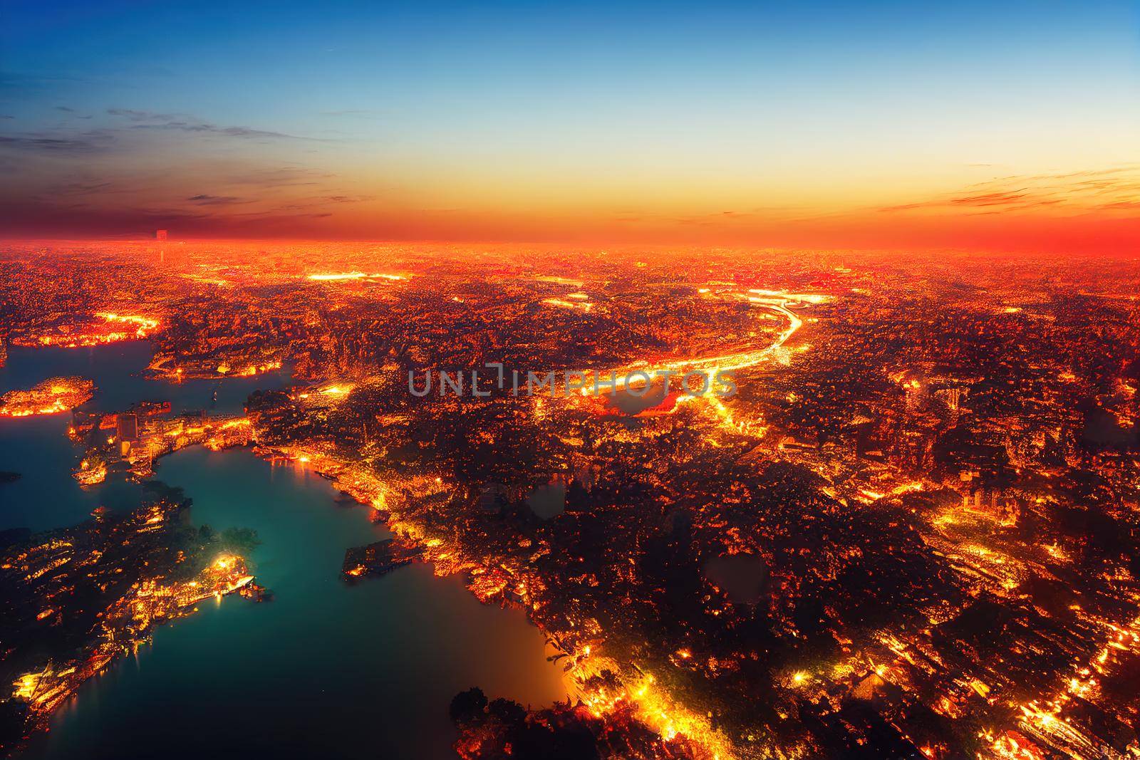 Aerial view of Hanoi skyline cityscape at twilight period Linh Dam lake south of Hanoi capital , style U1 1