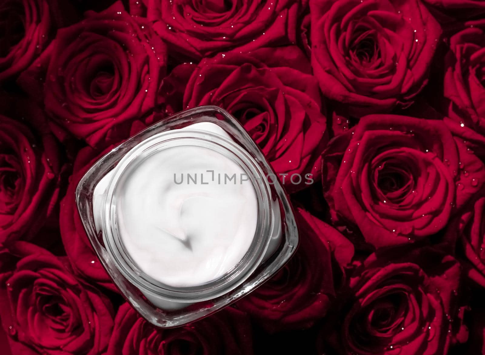 Face cream skin moisturizer and red roses flowers, luxury skincare cosmetic product on floral background as beauty brand holiday flatlay design by Anneleven