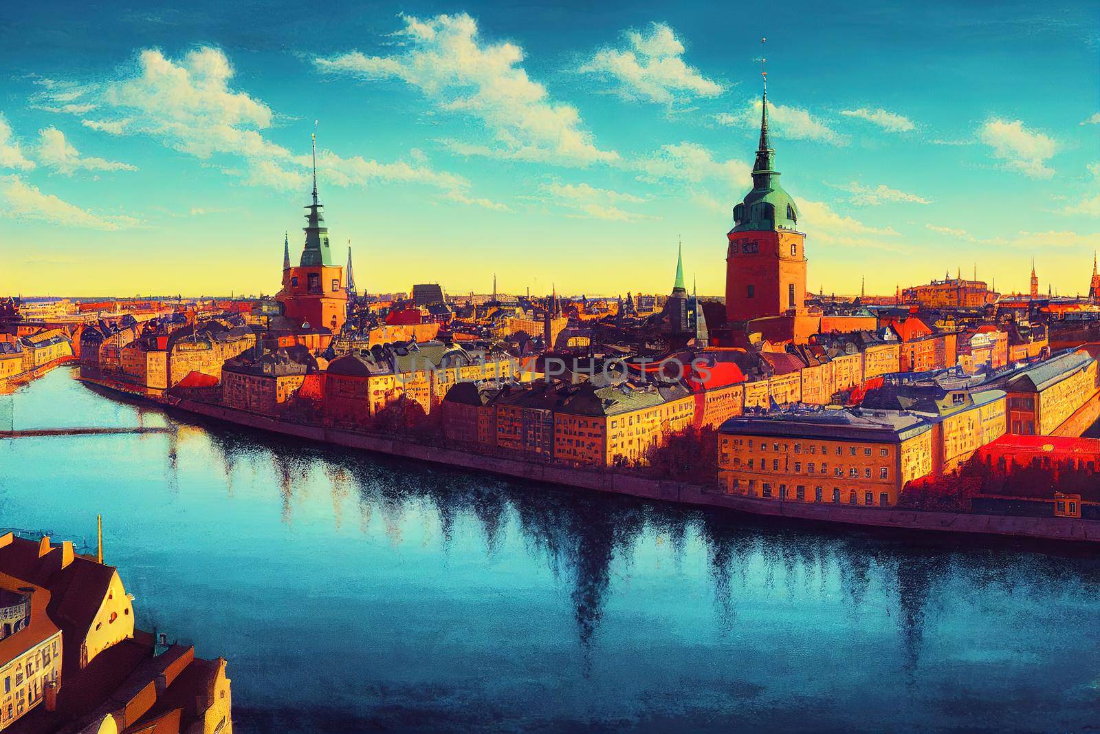 anime style, Stockholm old town Gamla Stan cityscape from City Hall top Sweden. 2d illustration