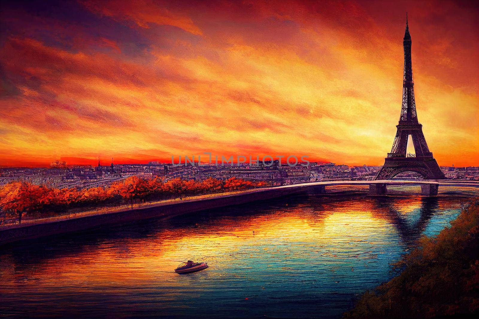 Sunset view of Eiffel tower and Seine river in Paris France Autumn Paris , style U1 1