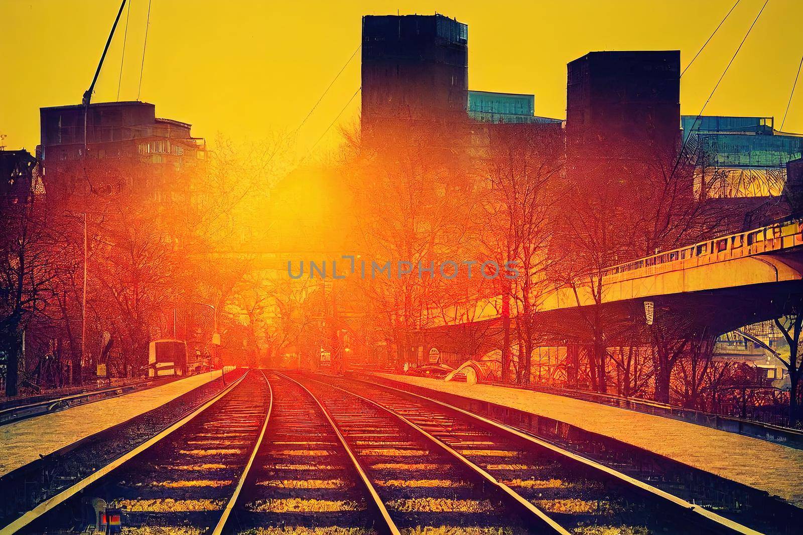 Panoramic view of Berliner U Bahn with Oberbaum Bridge in the background in golden evening light at sunset with retro vintage Instagram style, hipster filter effect Berlin Friedrichshain.