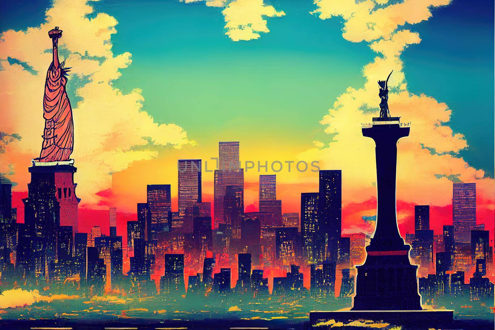 The Statue of Liberty and Manhattan Skyline New York City USA , style U1 1