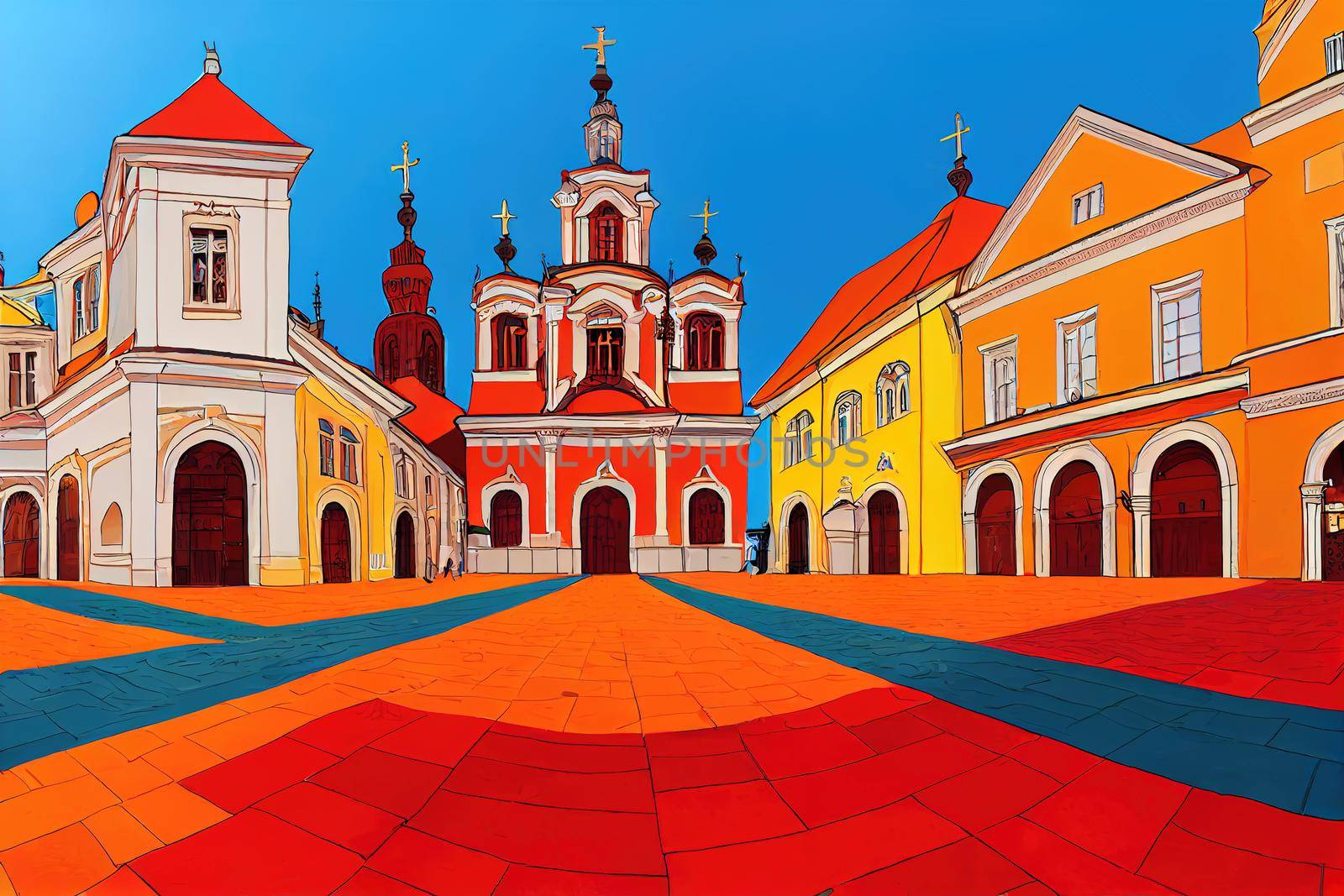 Cartoon style Vilnius Lithuania October Gediminas Avenue the main street of Vilnius Cathedral Square with Cathedral Basilica of St Stanislaus and St Ladislaus and befry , style U1 1