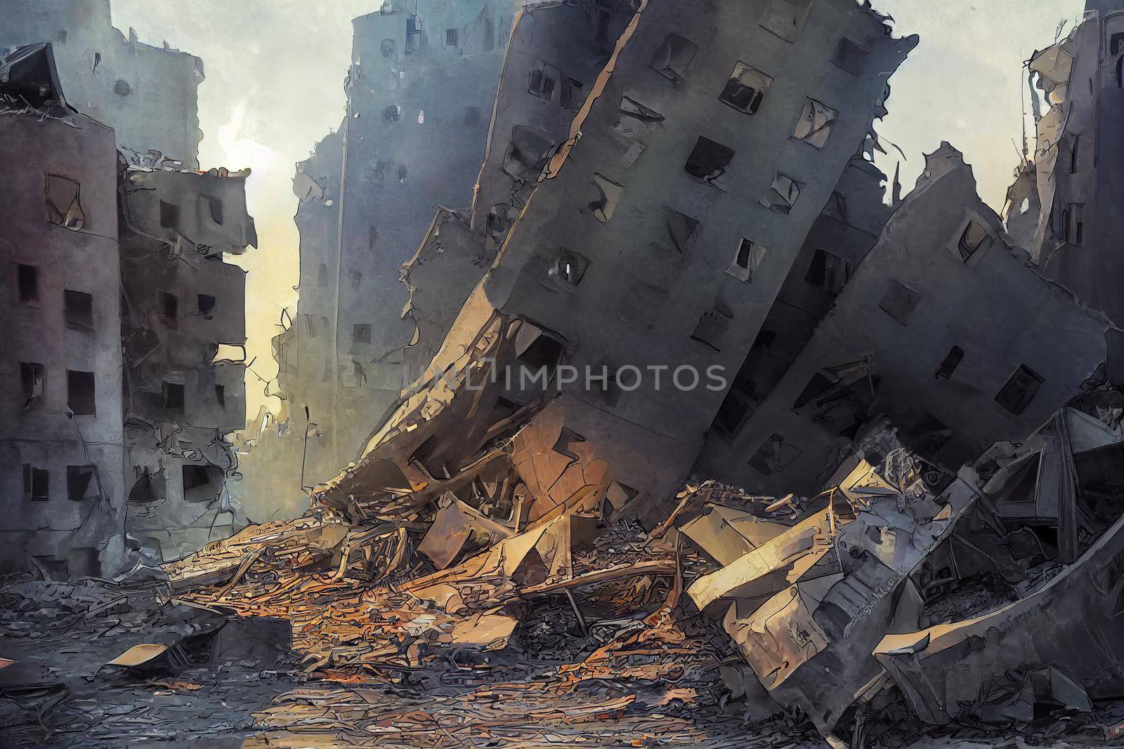 cartoon drawing Kyiv Ukraine ruary War in Ukraine A destroyed residential building in Kyiv the capital of Ukraine which was hit by a Russian rocket , style U1 1