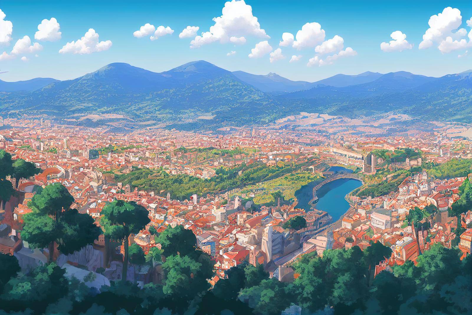 cartoon drawing Panoramic aerial view of Sarajevo in a beautiful summer day Bosnia and Herzegovina , style U1 1