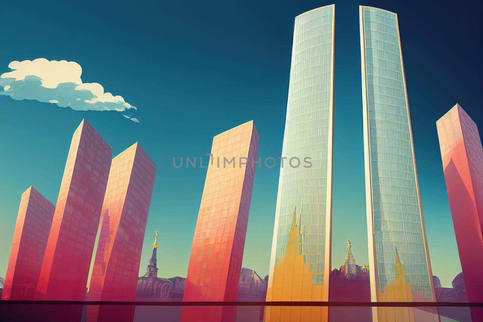 Cartoon style Moskvacity Bottom view of the skyscrapers in the center of the Russian capital Business center of Moscow Office rental Office real estate Highrise buildings against the blue sky , U1 1