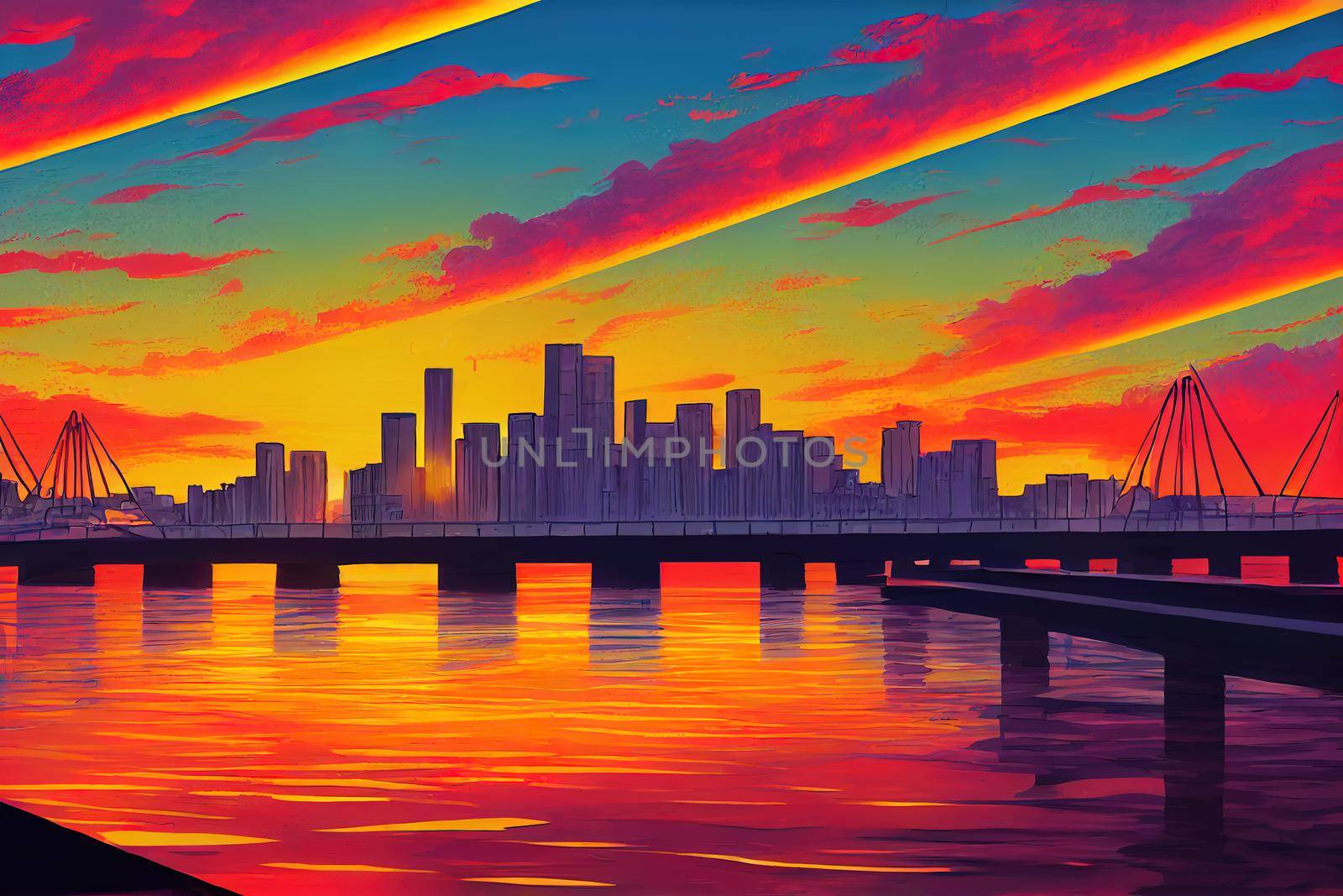 cartoon drawing Story Bridge Sunset , style U1 1