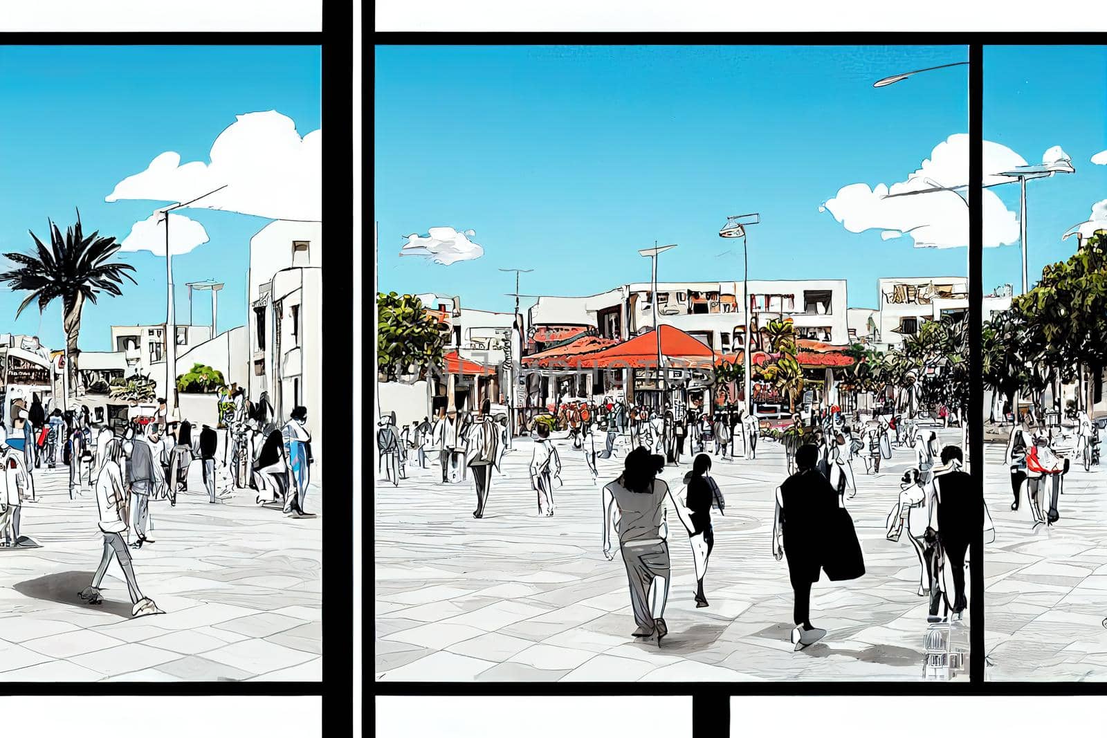 Cartoon drawing Nicosia Cyprus March People walking at the liberty square with the modern and f uturistic architecture in Nicosia the capital city of Cyprus , style U1 1