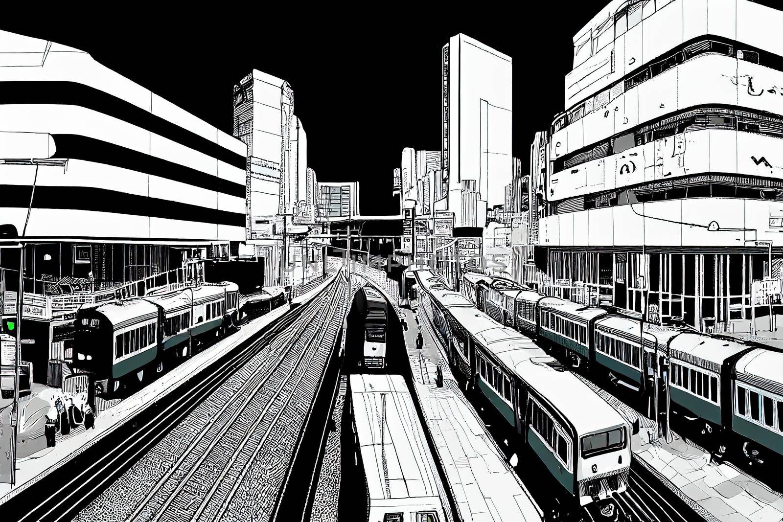 Cartoon drawing Aerial view of cars and trains with intersection or junction with traffic Taipei Downtown Taiwan Financial district and business area Smart urban city technology , style U1 1