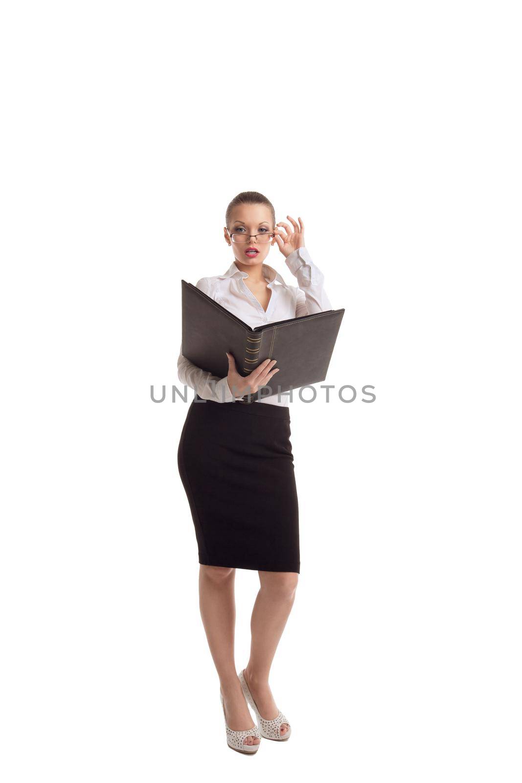 Sexy business woman stand with big ledger book and glasses isolated