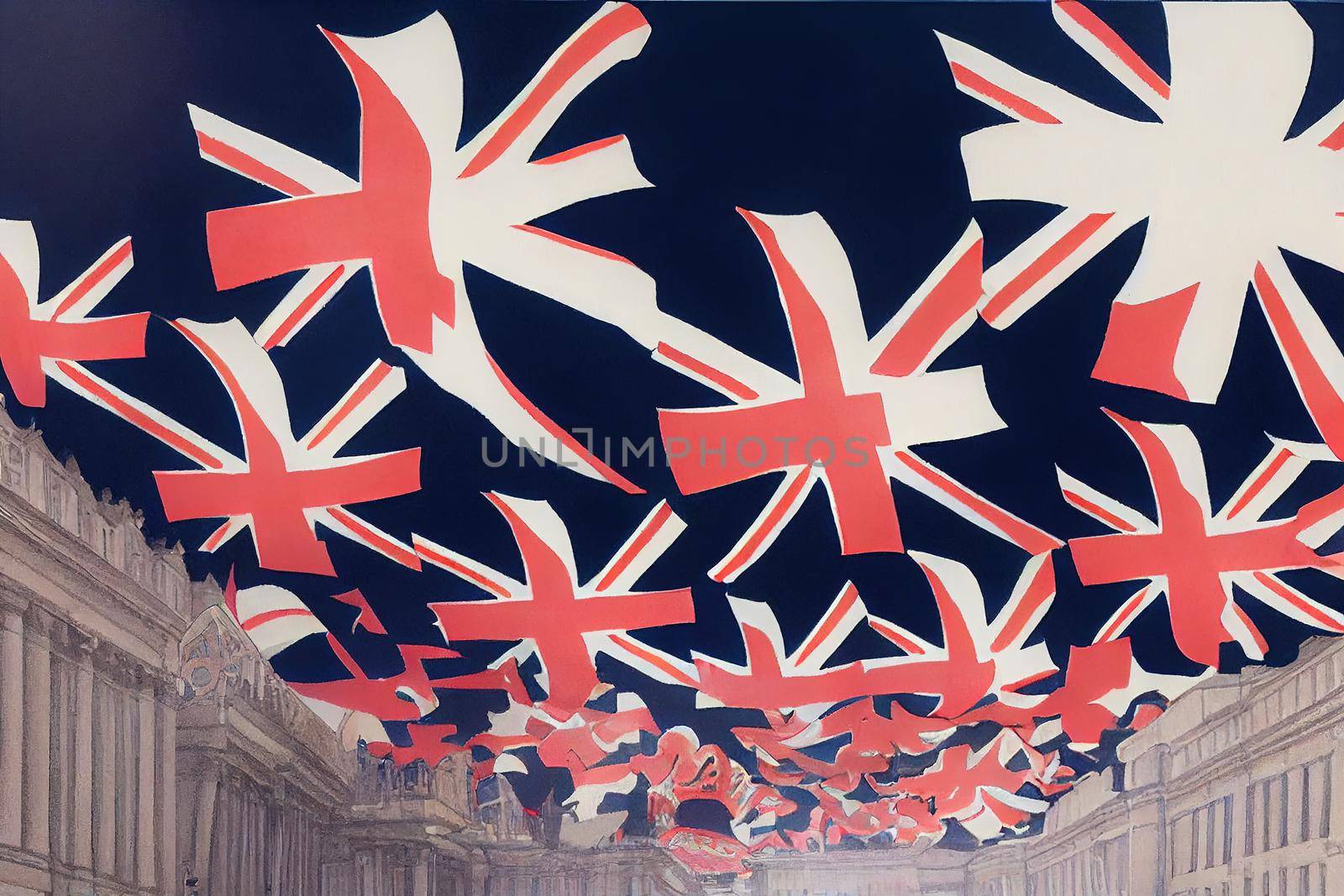 cartoon drawing Looking up The Mall towards Admiralty Arch during preparations for the Queens Platinum Jubilee celebrations lined with Union Jack flags in , Anime style U1 1 by 2ragon