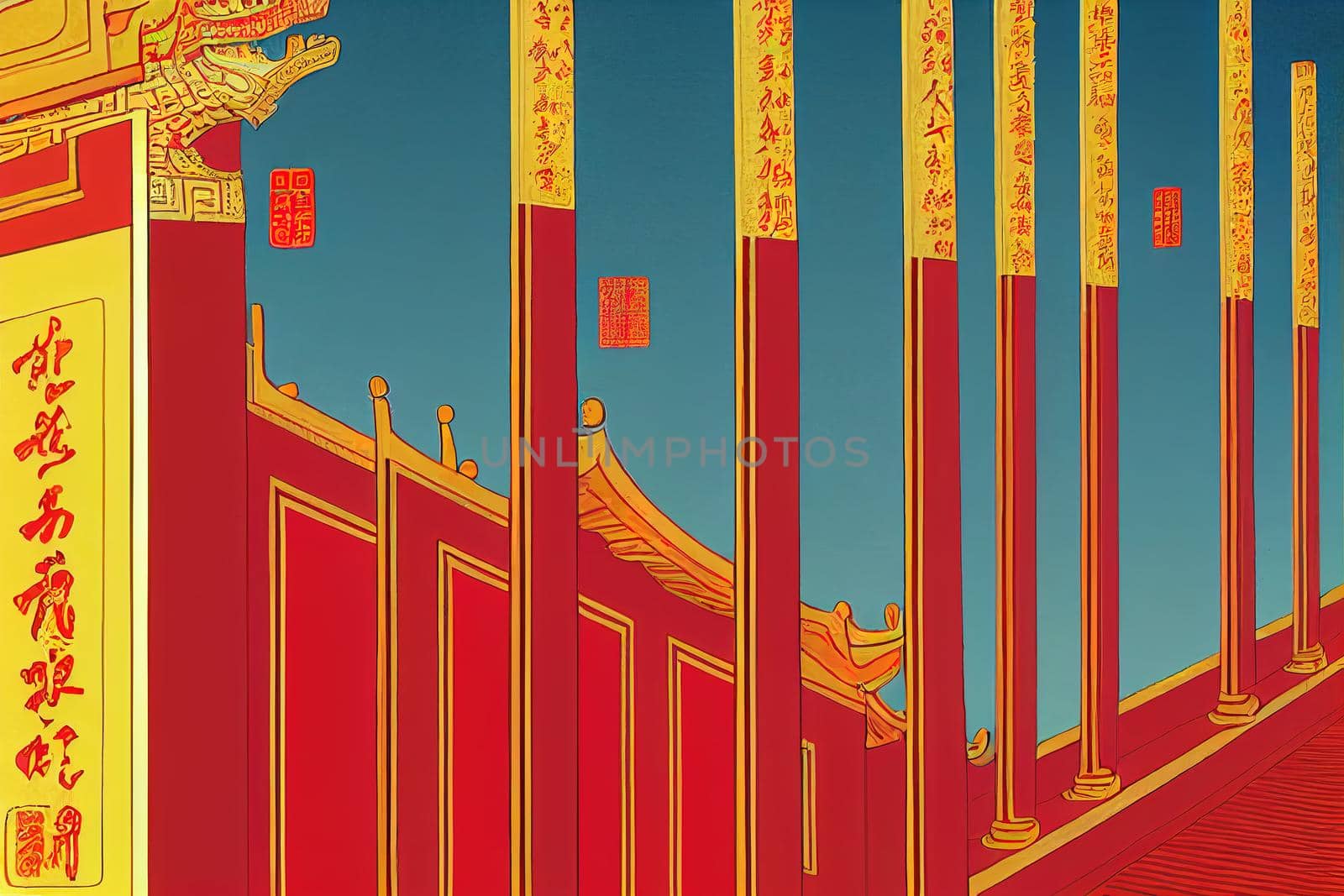 Cartoon drawing Chinese guardian lion People are visiting, Located in The Palace Museum Forbidden City Beijing China.