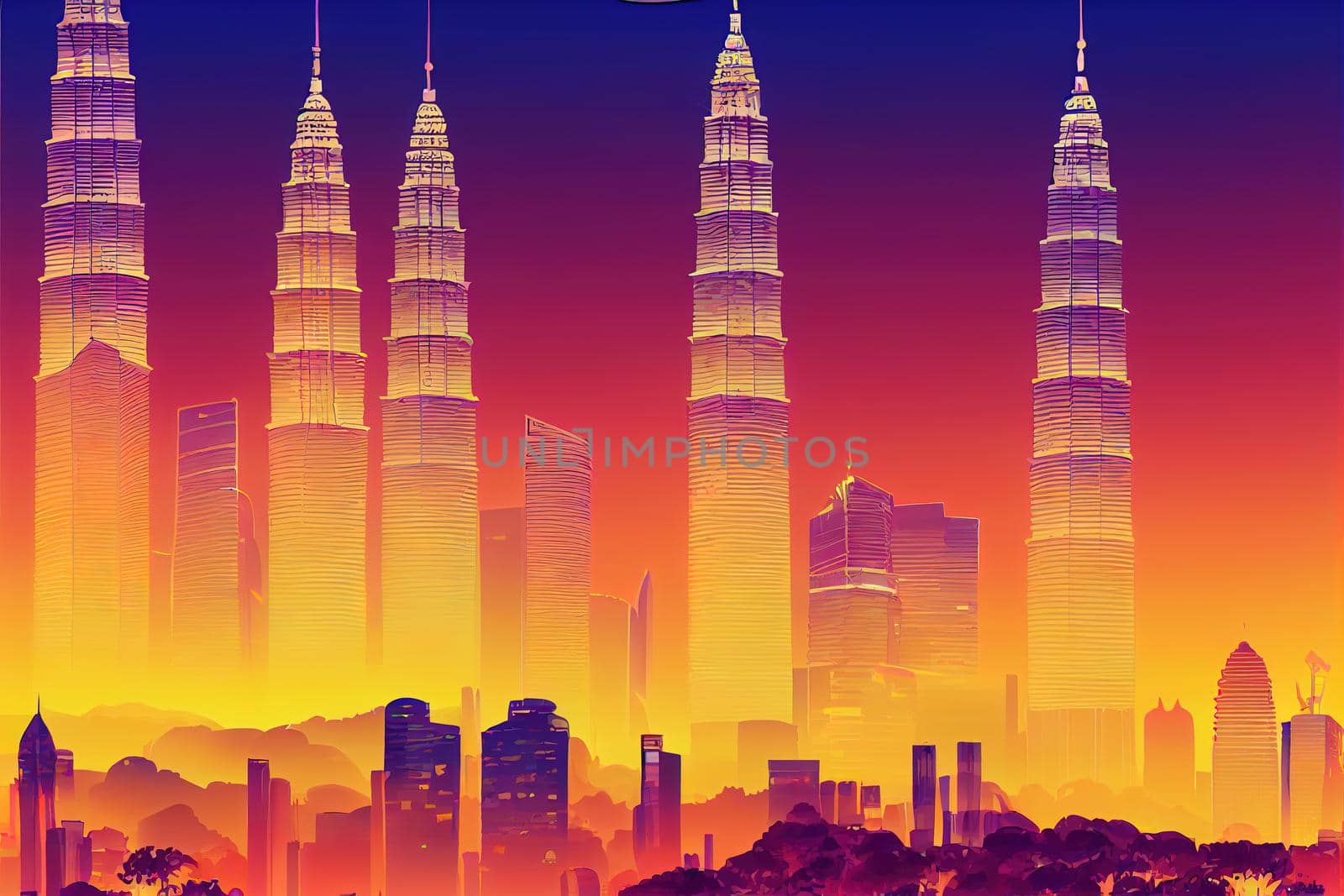 cartoon style, Kuala lumpur city skyline at dusk Kuala lumpur Malaysia , style U1 1