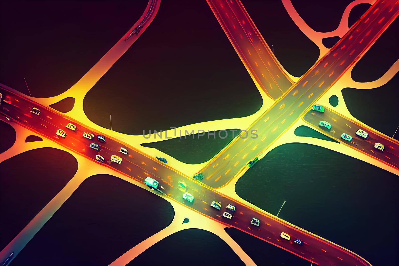 Cartoon style Aerial view Expressway motorway highway circus intersection at Night time Top view Road traffic in city at thailand , style U1 1
