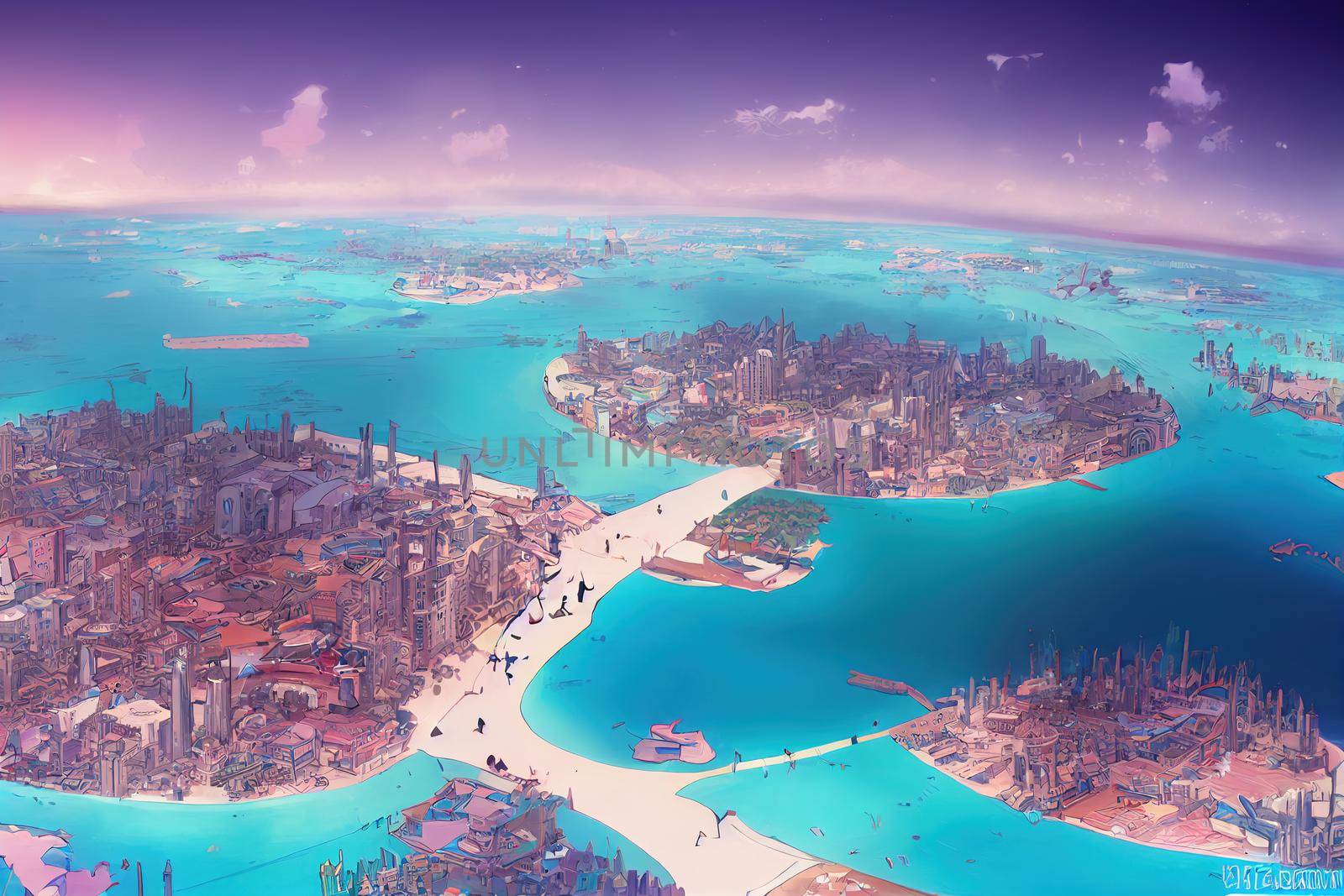 Cartoon style Maldivian capital from above , Anime style U1 1 by 2ragon