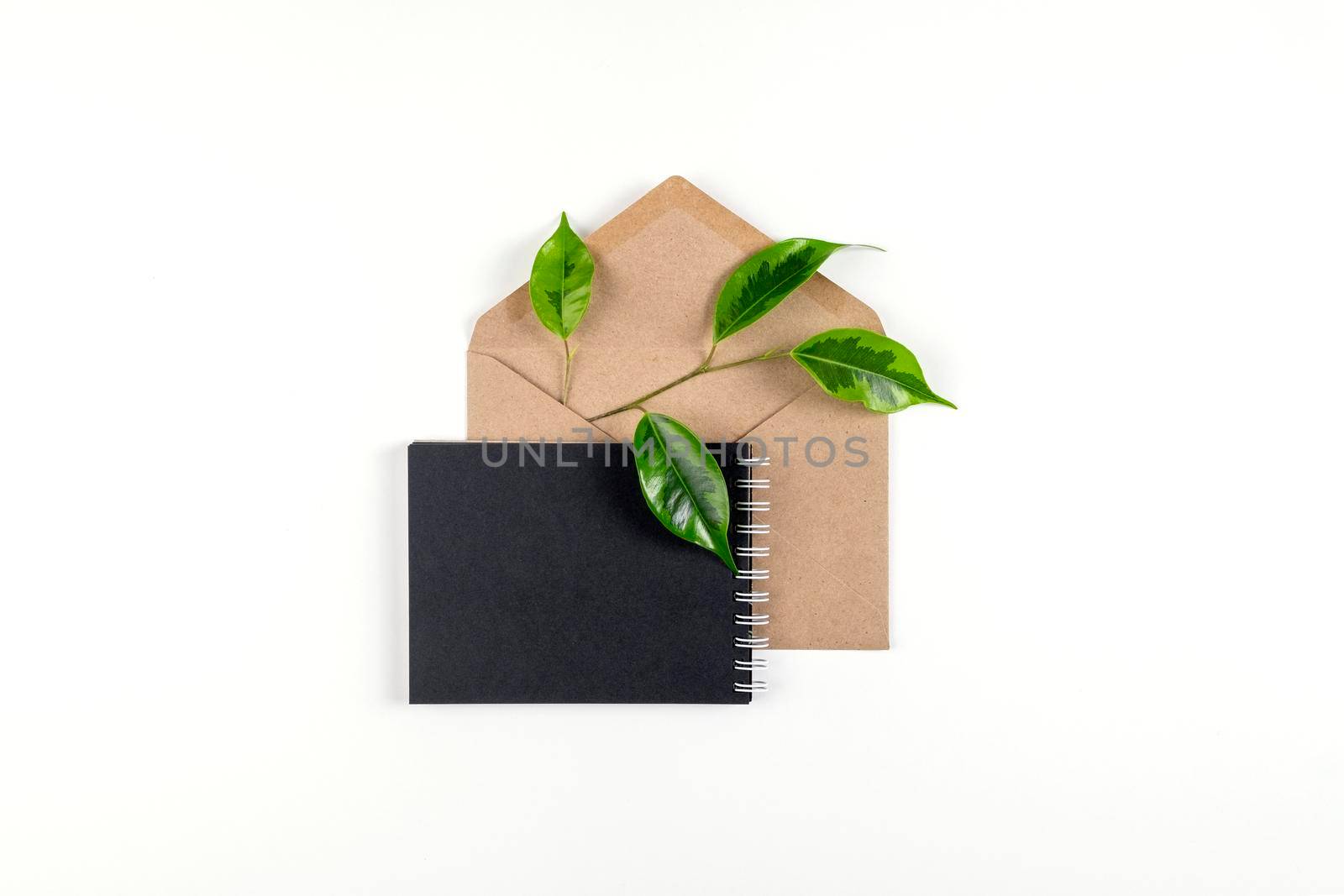 Black notebook andenv elope made from recycled paper lie on white surface with sprig of green plant. The concept is ecology, nature conservation, recycling, no waste. Selective focus. Copy space.