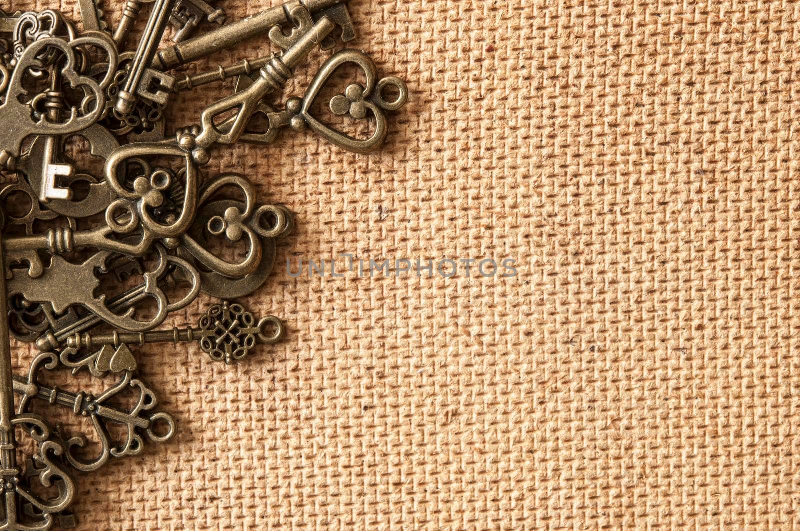 Group of the various vintage keys to a door and furniture closeup