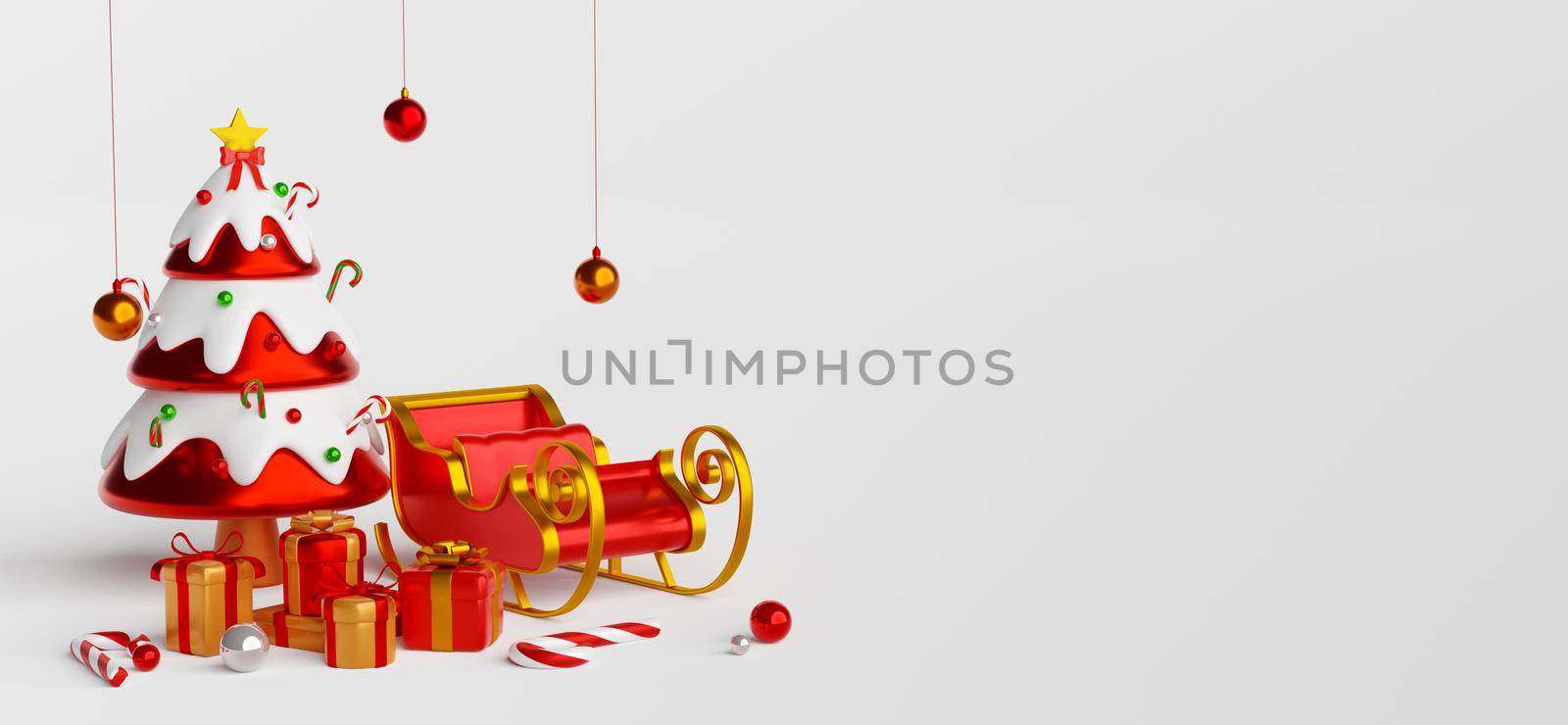 Scene of Christmas tree with sleigh and Xmas presents, 3d illustration