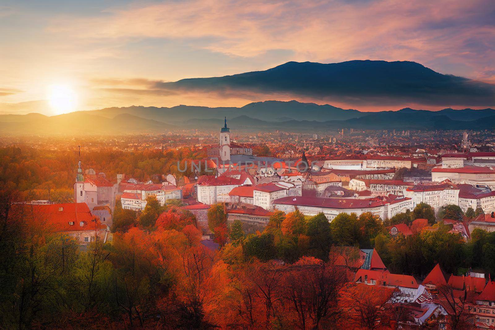 Sunrise above Ljubljana castle in capital city of Slovenia Ljubljana , style U1 1