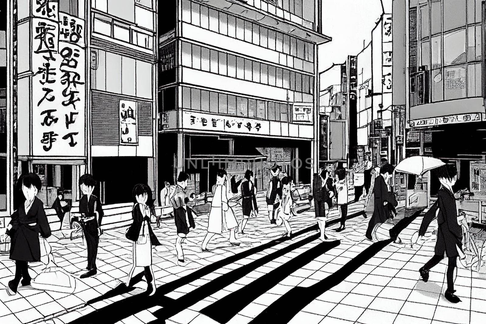Cartoon drawing Japan Business part of the Japanese capital Pedestrian crossing, from one highrise building to another Tokyo in the afternoon Traffic on the streets of Tokyo Architecture of the Japanese.