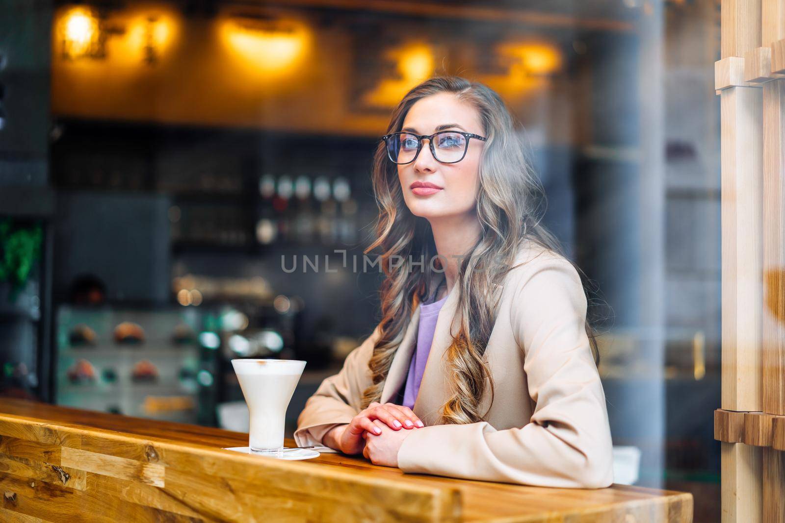 Business Woman Sitting Cafe Behind Window Waiting Business Partner Caucasian Female Resting Cafeteria Drink Late Coffee Smile Looking outside