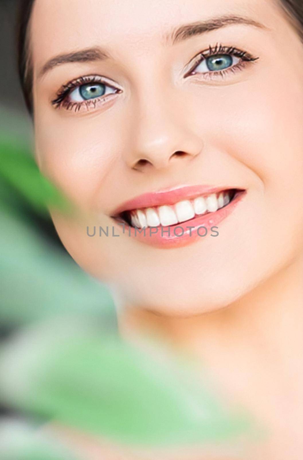 Natural beauty, perfect white teeth and healthy smile, beautiful woman in nature for skincare cosmetics and dental care by Anneleven