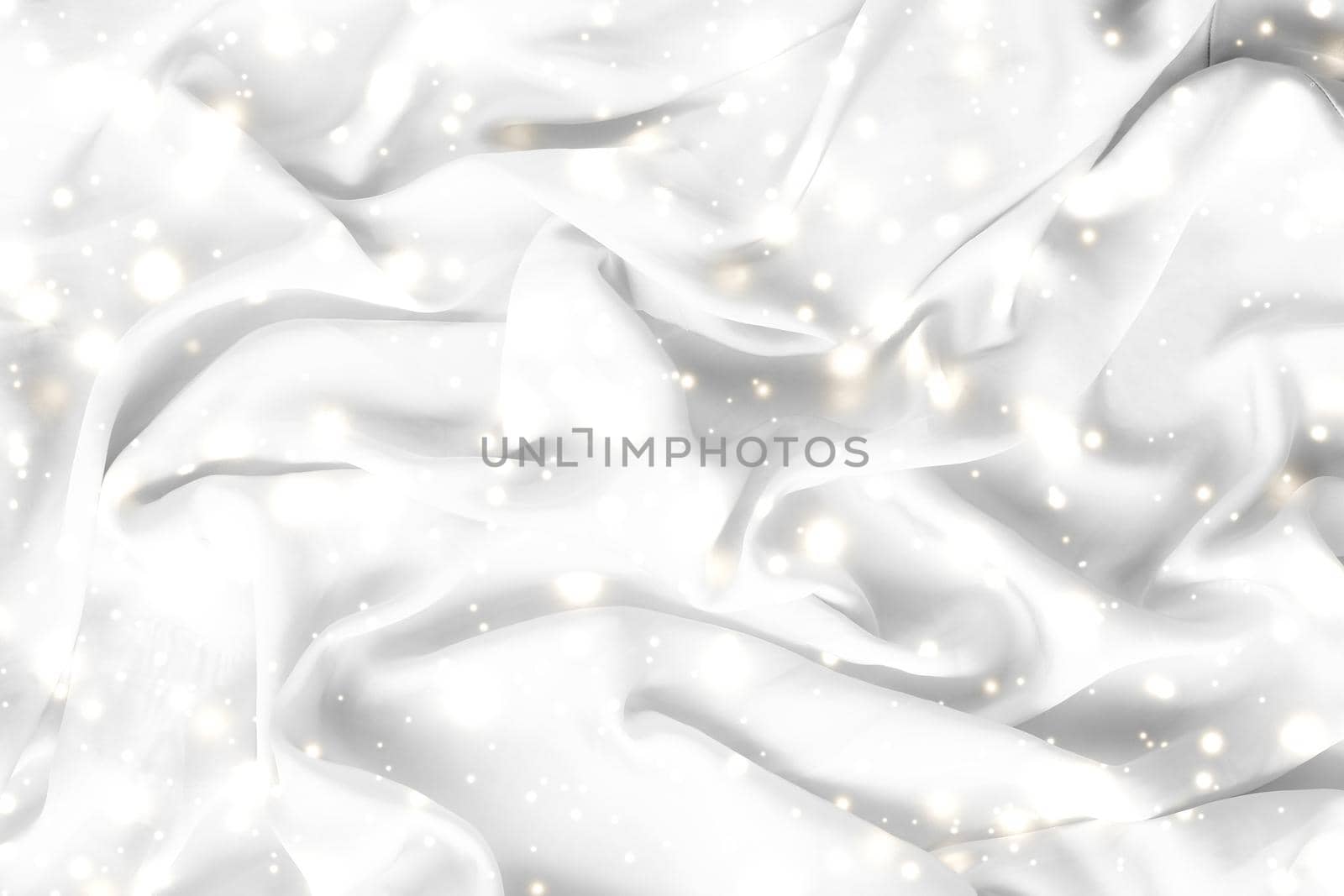 Magic holiday white soft silk flatlay background texture with glowing snow, luxury beauty abstract backdrop by Anneleven