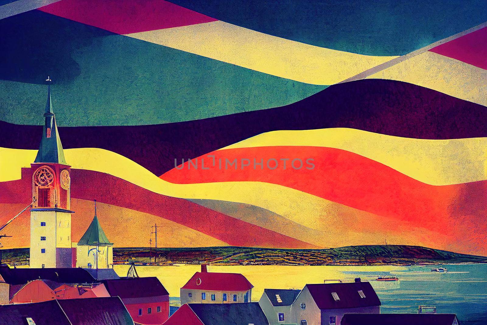 anime style, Beautiful aerial view of the City of Torshavn Capital of Faroe Islands View of Cathedral colorful buildings marina suburbs and Flag , Anime style U1 1 by 2ragon