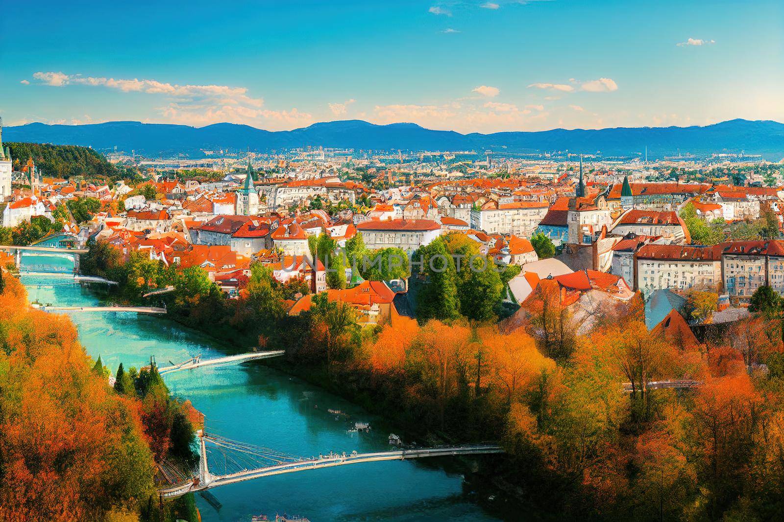 Ljubljana Beautiful cities of Europe charming capital of Slovenia panoramic view with castle and Triple Bridge , style U1 1