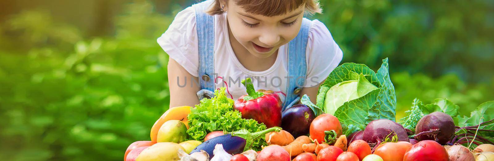 Child and vegetables on the farm. Selective focus. by yanadjana