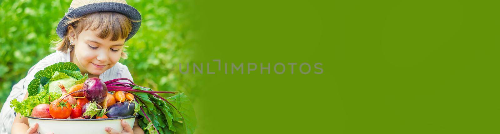 Child and vegetables on the farm. Selective focus. nature.