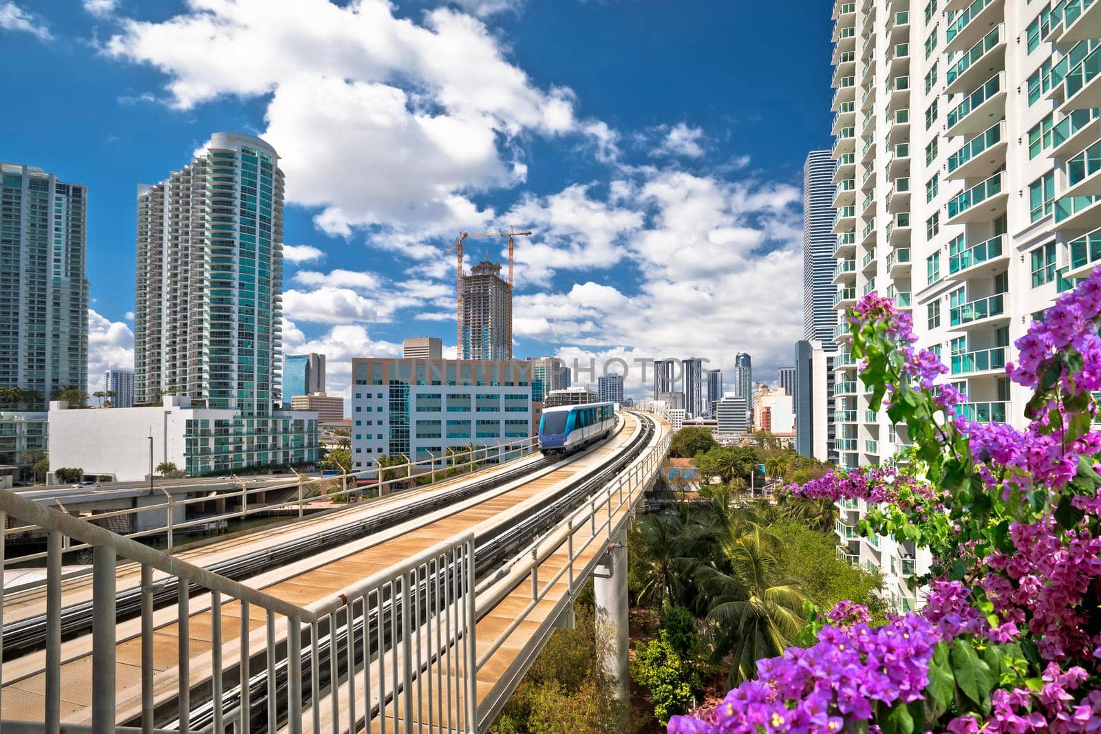 Miami downtown skyline and futuristic mover train colorful view, Florida state, United States of America