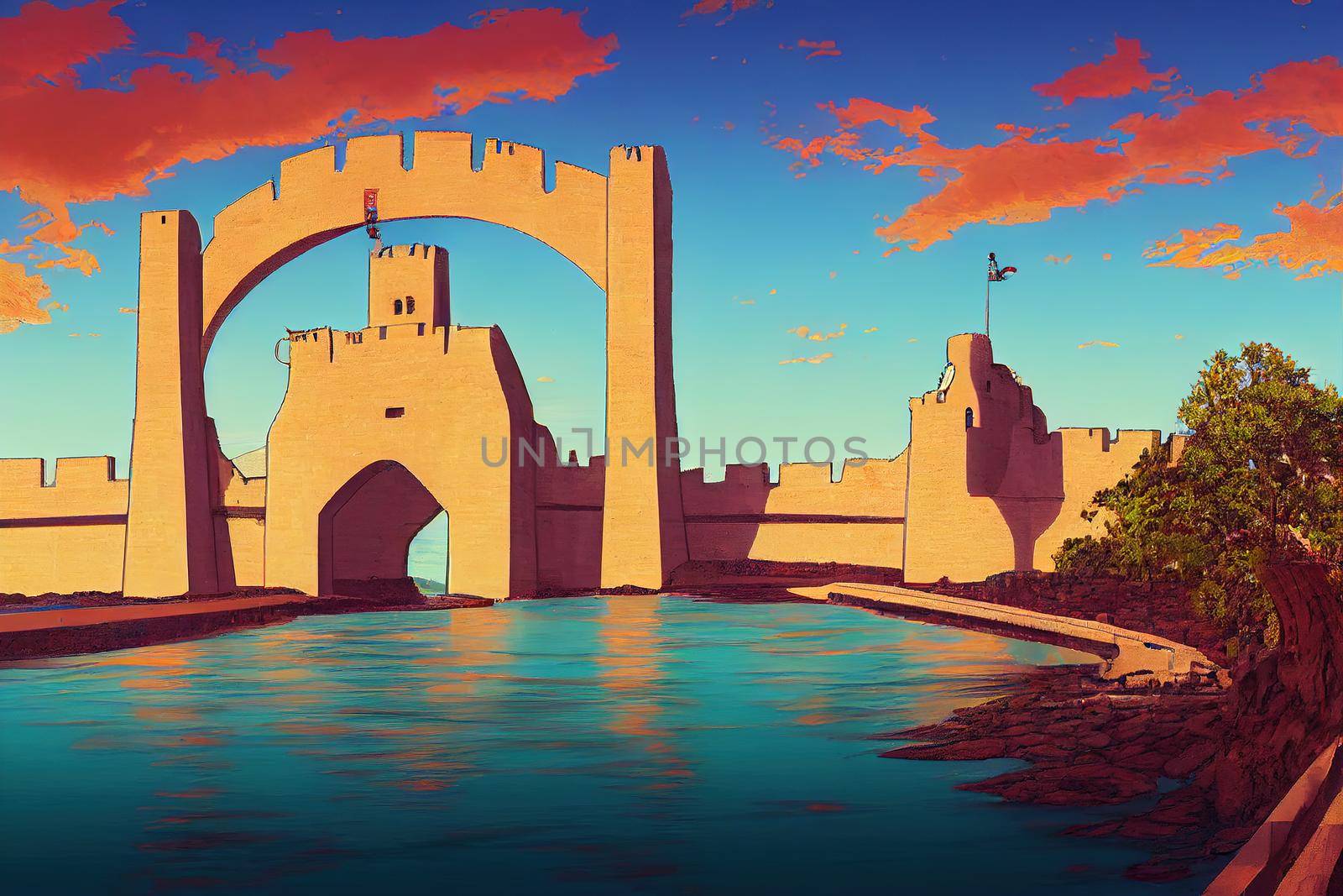 Historic bridge of the balls leading to San Gabriel Castle Arrecife capital city of Lanzarote Canary Islands Spain , style U1 1