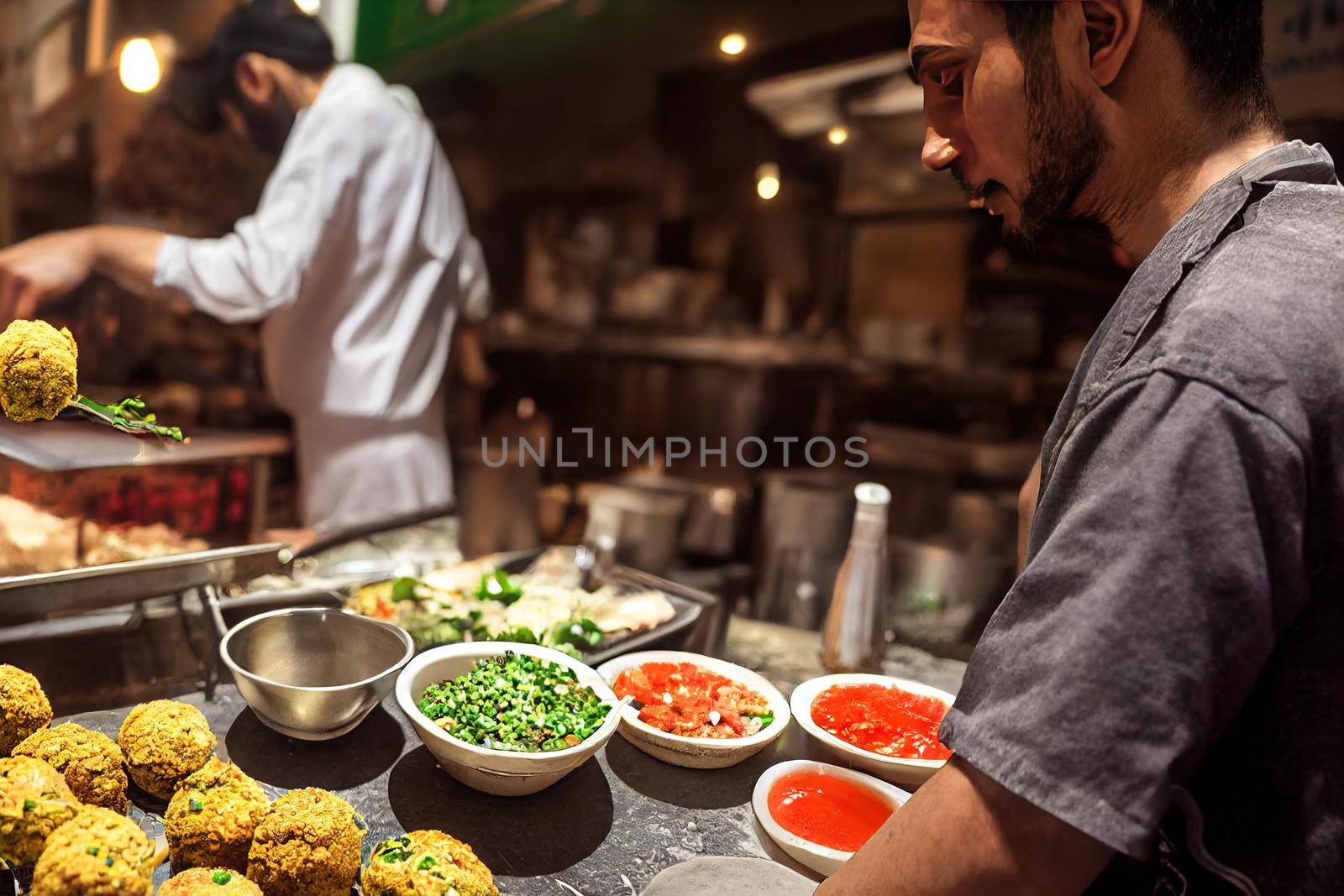 Beirut Lebanon March 7 2020 Man prepares falafel in Falafel Tabbara bar in Snoubra district of Beirut capital city , style U1 1