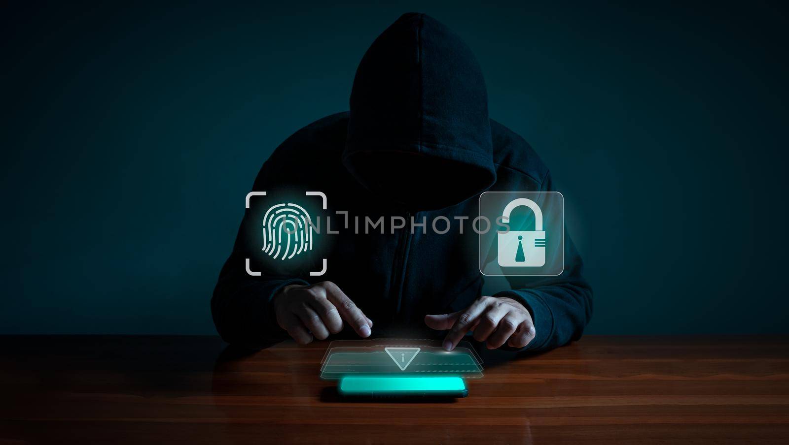 Hackers spy on cell phones. Concept of information security system in internet network and information espionage. by Unimages2527