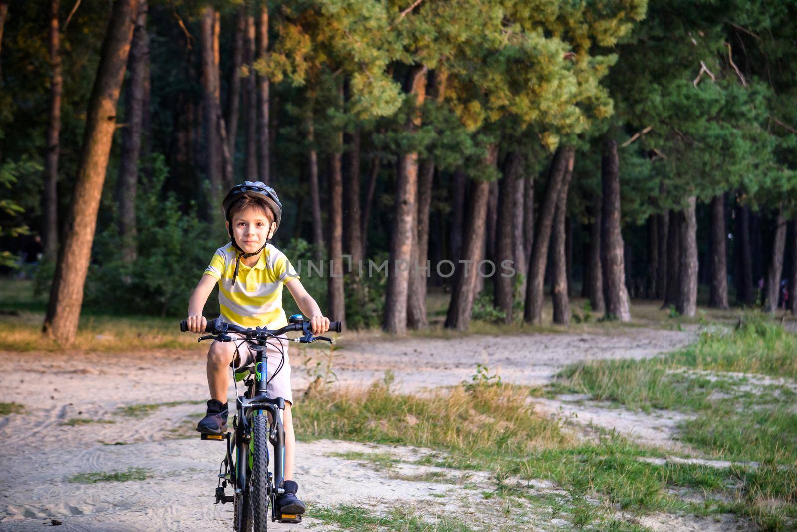 Portrait of happy active teenage boy in safety helmet relaxing after school riding his bike in beautiful park on sunny autumn day by Kobysh